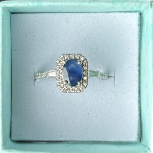 Stunning Oval Sapphire Diamond Halo Engagement Ring 14k White Gold Sz 7